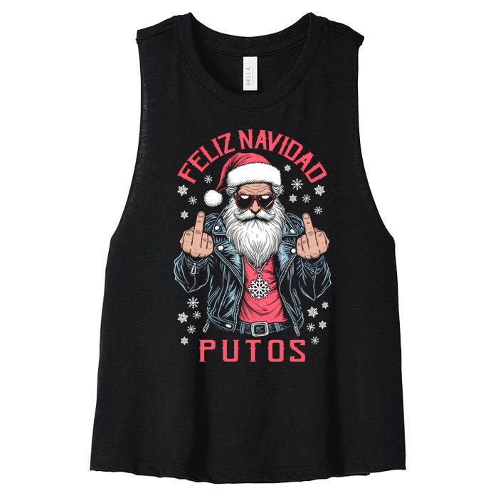 Feliz Navidad Putos Funny Rude Spanish Santa Middle Finger Women's Racerback Cropped Tank