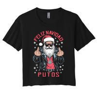 Feliz Navidad Putos Funny Rude Spanish Santa Middle Finger Women's Crop Top Tee