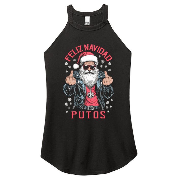 Feliz Navidad Putos Funny Rude Spanish Santa Middle Finger Women's Perfect Tri Rocker Tank