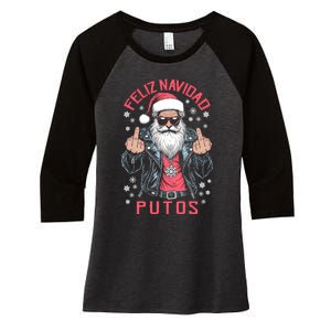 Feliz Navidad Putos Funny Rude Spanish Santa Middle Finger Women's Tri-Blend 3/4-Sleeve Raglan Shirt