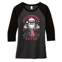 Feliz Navidad Putos Funny Rude Spanish Santa Middle Finger Women's Tri-Blend 3/4-Sleeve Raglan Shirt