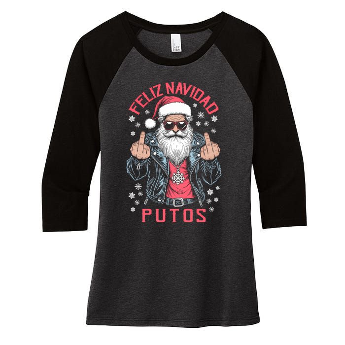 Feliz Navidad Putos Funny Rude Spanish Santa Middle Finger Women's Tri-Blend 3/4-Sleeve Raglan Shirt