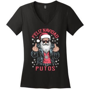 Feliz Navidad Putos Funny Rude Spanish Santa Middle Finger Women's V-Neck T-Shirt