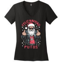 Feliz Navidad Putos Funny Rude Spanish Santa Middle Finger Women's V-Neck T-Shirt