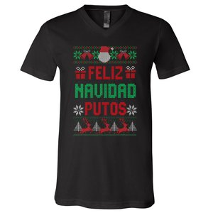 Feliz Navidad Putos Ugly Mexican Christmas Sweater Funny V-Neck T-Shirt