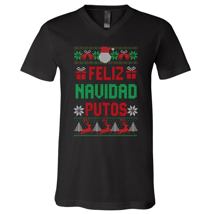 Feliz Navidad Putos Ugly Mexican Christmas Sweater Funny V-Neck T-Shirt