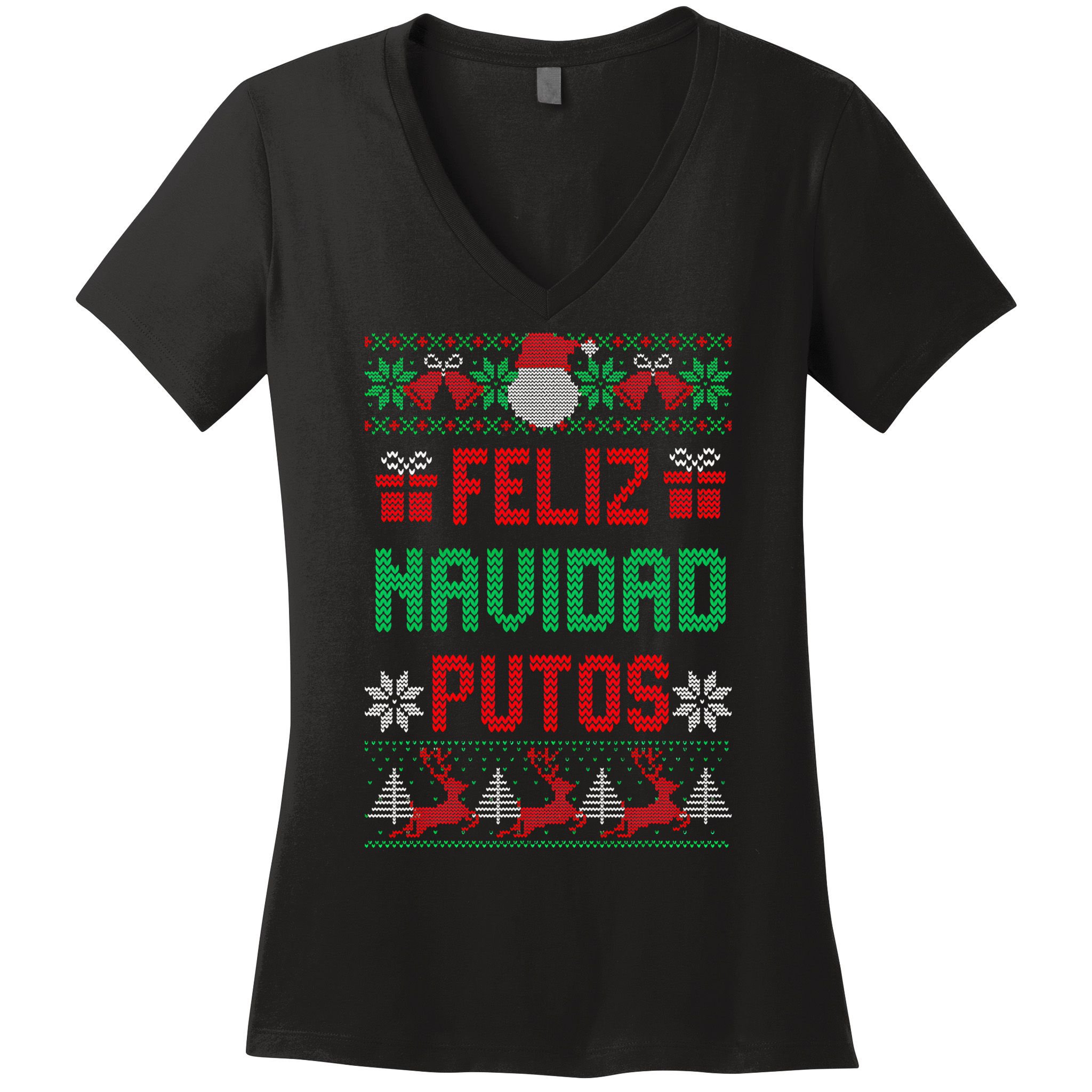 Feliz Navidad Putos Ugly Mexican Christmas Sweater Funny Women's V-Neck T-Shirt