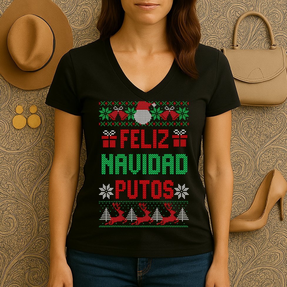Feliz Navidad Putos Ugly Mexican Christmas Sweater Funny Women's V-Neck T-Shirt