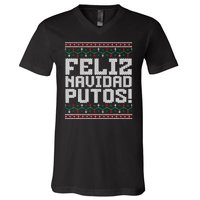 Feliz Navidad Putos Mexican Ugly Christmas Sweater Funny V-Neck T-Shirt