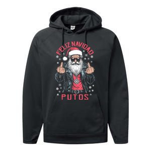 Feliz Navidad Putos Funny Rude Spanish Santa Middle Finger Performance Fleece Hoodie