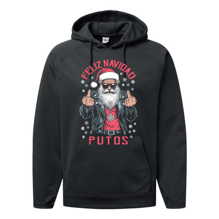 Feliz Navidad Putos Funny Rude Spanish Santa Middle Finger Performance Fleece Hoodie