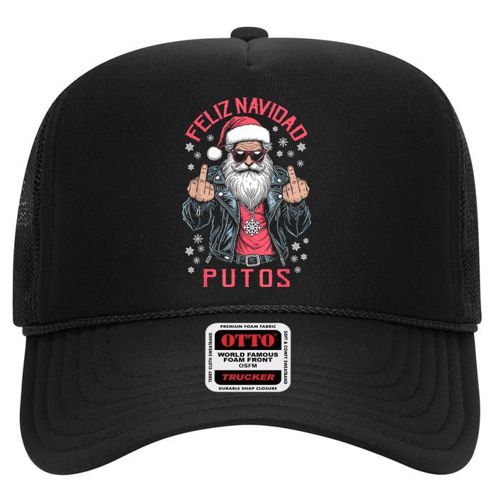 Feliz Navidad Putos Funny Rude Spanish Santa Middle Finger High Crown Mesh Back Trucker Hat