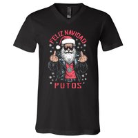 Feliz Navidad Putos Funny Rude Spanish Santa Middle Finger V-Neck T-Shirt