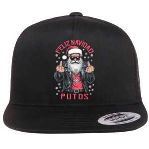 Feliz Navidad Putos Funny Rude Spanish Santa Middle Finger Flat Bill Trucker Hat