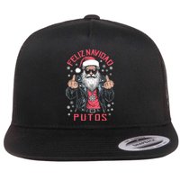 Feliz Navidad Putos Funny Rude Spanish Santa Middle Finger Flat Bill Trucker Hat