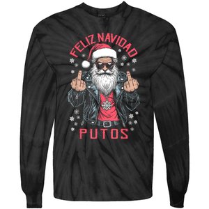 Feliz Navidad Putos Funny Rude Spanish Santa Middle Finger Tie-Dye Long Sleeve Shirt