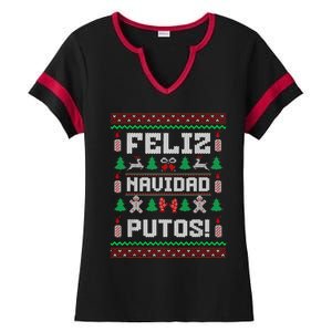 Feliz Navidad Putos Funny Mexican Christmas Sweater Design Ladies Halftime Notch Neck Tee