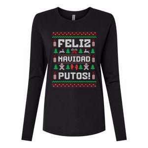 Feliz Navidad Putos Funny Mexican Christmas Sweater Design Womens Cotton Relaxed Long Sleeve T-Shirt