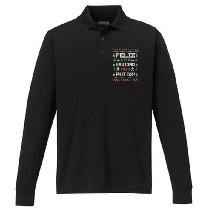 Feliz Navidad Putos Funny Mexican Christmas Sweater Design Performance Long Sleeve Polo