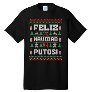 Feliz Navidad Putos Funny Mexican Christmas Sweater Design Tall T-Shirt