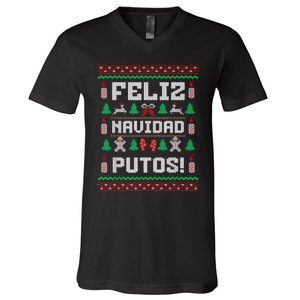 Feliz Navidad Putos Funny Mexican Christmas Sweater Design V-Neck T-Shirt