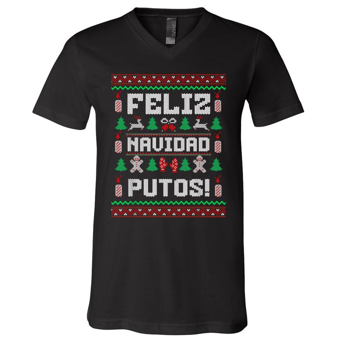 Feliz Navidad Putos Funny Mexican Christmas Sweater Design V-Neck T-Shirt