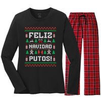 Feliz Navidad Putos Funny Mexican Christmas Sweater Design Women's Long Sleeve Flannel Pajama Set 