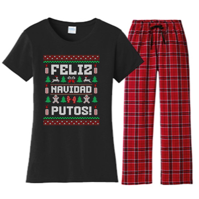 Feliz Navidad Putos Funny Mexican Christmas Sweater Design Women's Flannel Pajama Set