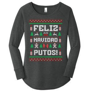 Feliz Navidad Putos Funny Mexican Christmas Sweater Design Women's Perfect Tri Tunic Long Sleeve Shirt