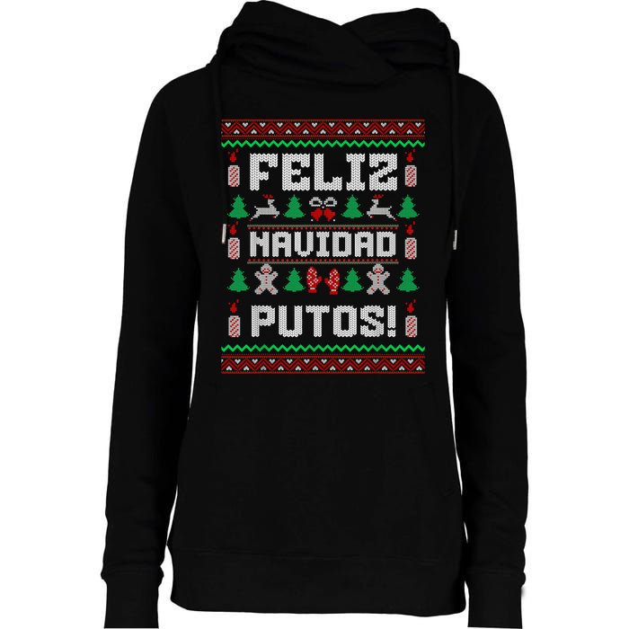 Feliz Navidad Putos Funny Mexican Christmas Sweater Design Womens Funnel Neck Pullover Hood