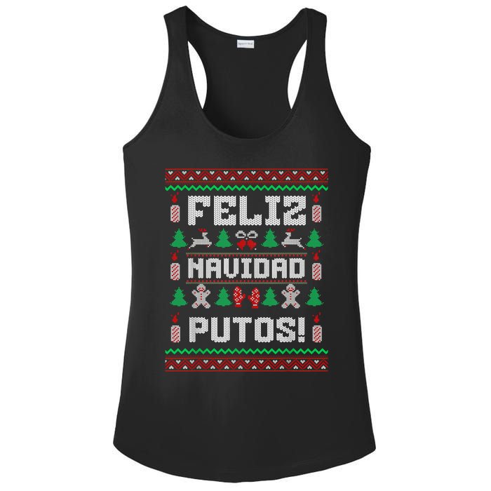 Feliz Navidad Putos Funny Mexican Christmas Sweater Design Ladies PosiCharge Competitor Racerback Tank