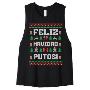 Feliz Navidad Putos Funny Mexican Christmas Sweater Design Women's Racerback Cropped Tank