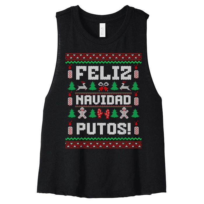 Feliz Navidad Putos Funny Mexican Christmas Sweater Design Women's Racerback Cropped Tank