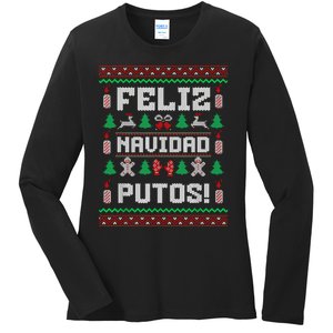 Feliz Navidad Putos Funny Mexican Christmas Sweater Design Ladies Long Sleeve Shirt