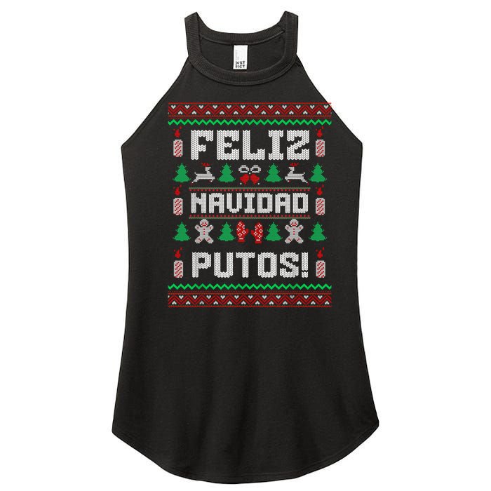 Feliz Navidad Putos Funny Mexican Christmas Sweater Design Women's Perfect Tri Rocker Tank