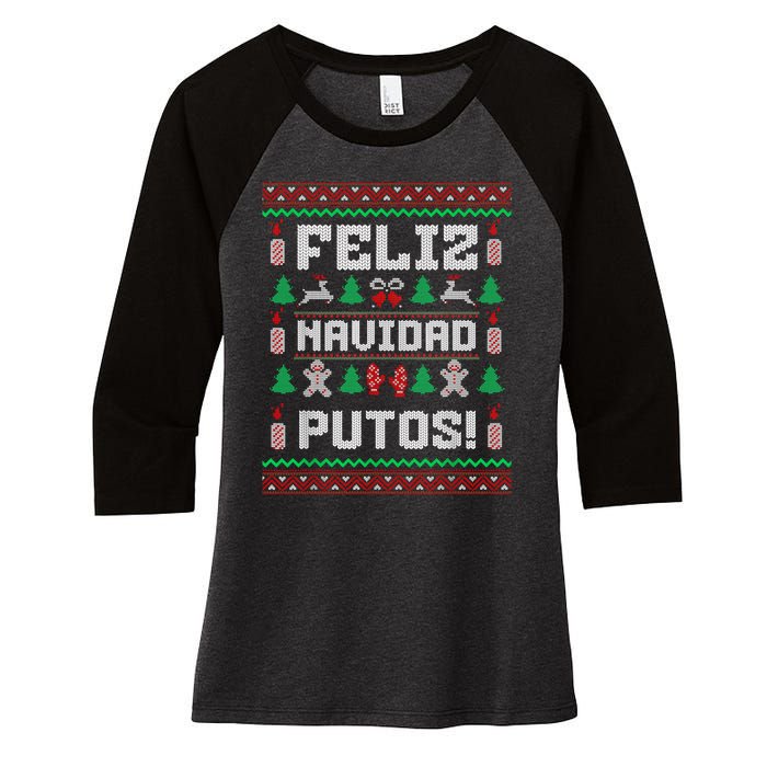 Feliz Navidad Putos Funny Mexican Christmas Sweater Design Women's Tri-Blend 3/4-Sleeve Raglan Shirt