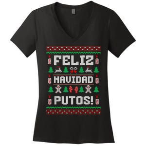 Feliz Navidad Putos Funny Mexican Christmas Sweater Design Women's V-Neck T-Shirt