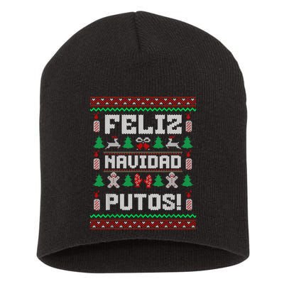 Feliz Navidad Putos Funny Mexican Christmas Sweater Design Short Acrylic Beanie
