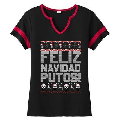 Feliz Navidad Putos Funny Mexican Ugly Christmas Party Gift Ladies Halftime Notch Neck Tee