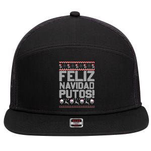 Feliz Navidad Putos Funny Mexican Ugly Christmas Party Gift 7 Panel Mesh Trucker Snapback Hat