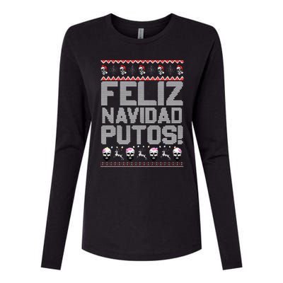 Feliz Navidad Putos Funny Mexican Ugly Christmas Party Gift Womens Cotton Relaxed Long Sleeve T-Shirt