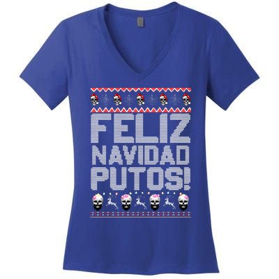 Feliz Navidad Putos Funny Mexican Ugly Christmas Party Gift Women's V-Neck T-Shirt