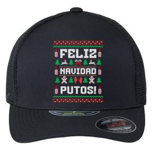 Feliz Navidad Putos Funny Mexican Christmas Sweater Design Flexfit Unipanel Trucker Cap