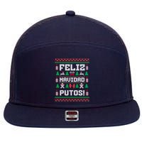 Feliz Navidad Putos Funny Mexican Christmas Sweater Design 7 Panel Mesh Trucker Snapback Hat