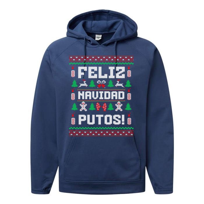 Feliz Navidad Putos Funny Mexican Christmas Sweater Design Performance Fleece Hoodie