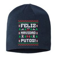 Feliz Navidad Putos Funny Mexican Christmas Sweater Design Sustainable Beanie