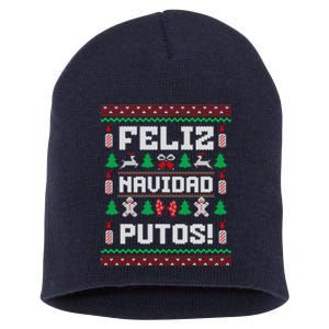 Feliz Navidad Putos Funny Mexican Christmas Sweater Design Short Acrylic Beanie