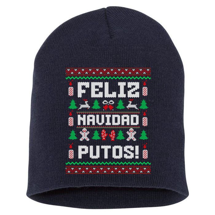 Feliz Navidad Putos Funny Mexican Christmas Sweater Design Short Acrylic Beanie