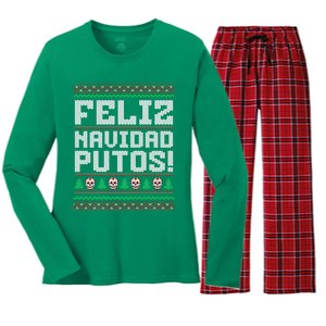 Feliz Navidad Putos Mexican Christmas Sweater Funny Women's Long Sleeve Flannel Pajama Set 