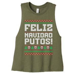 Feliz Navidad Putos Mexican Christmas Sweater Funny Women's Racerback Cropped Tank